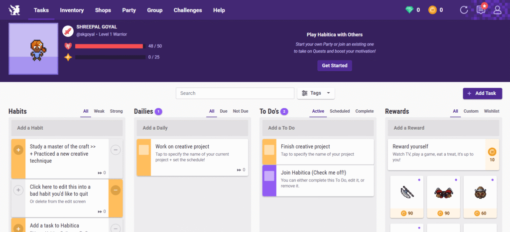 Habitica gamified habit tracker interface