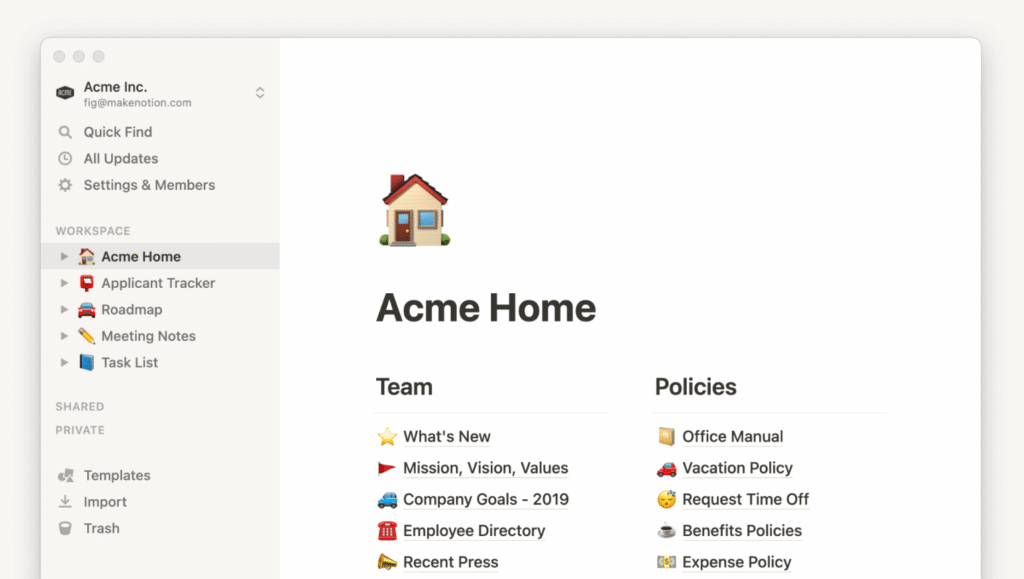 Notion workspace dashboard