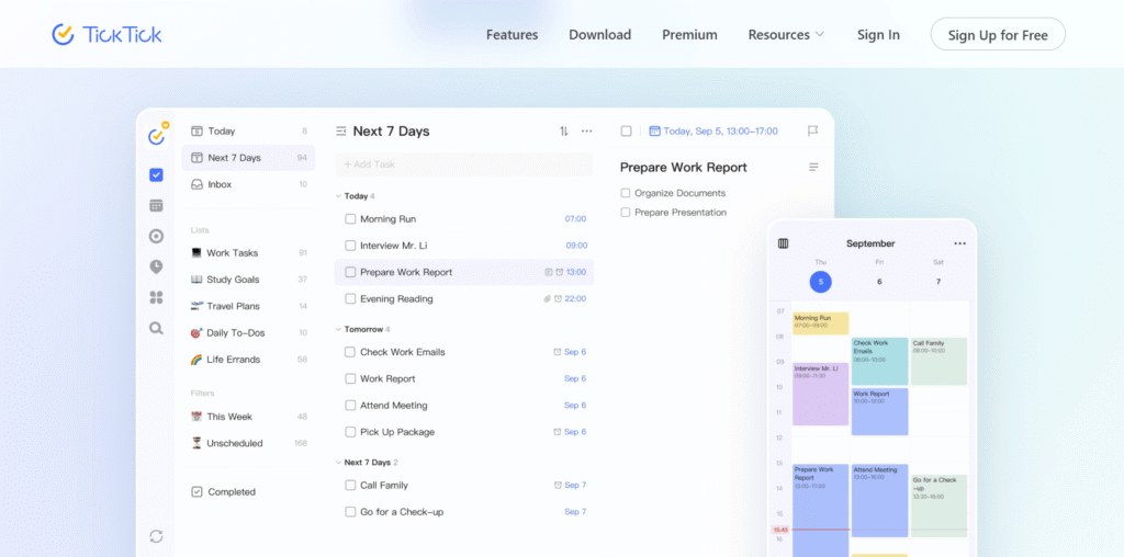 TickTick calendar and tasks dashboard