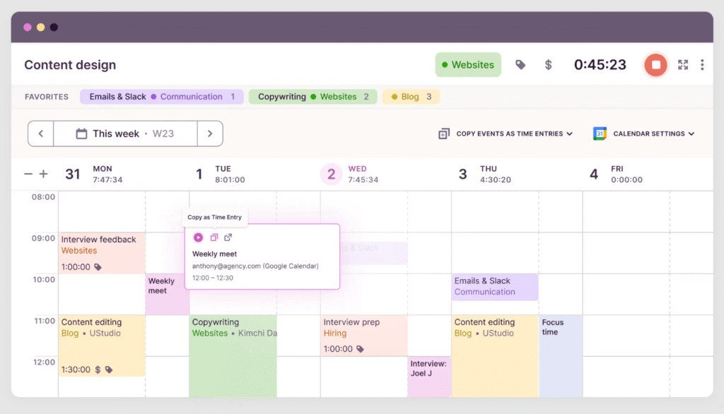 Toggl Track showing calender time tracking