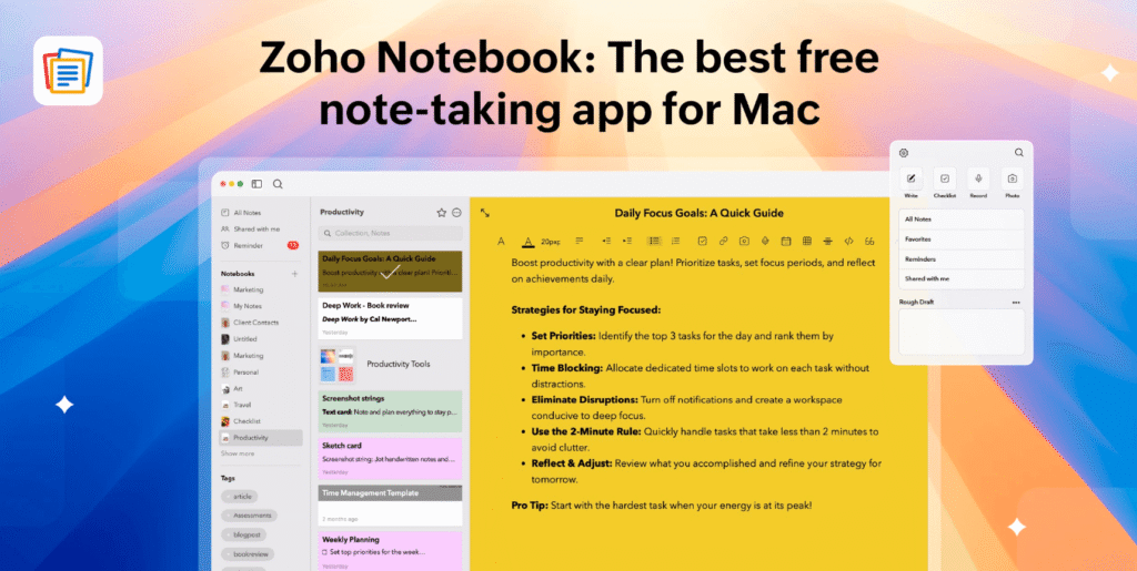 Zoho Notebook platform with Top Free Productivity Apps